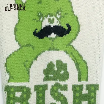 ELFSACK Medveď Tlač Colorblock Bežné Vintage Pletené Šaty Žien,2021 Zimné ELF Celý Rukáv Vysoký Pás Dámy Denné Šaty
